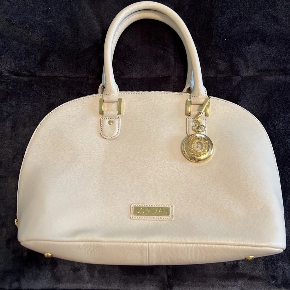Joy & Iman Cream Pebble Leather 16” Satchel Handbag Crossbody with Gold Detail